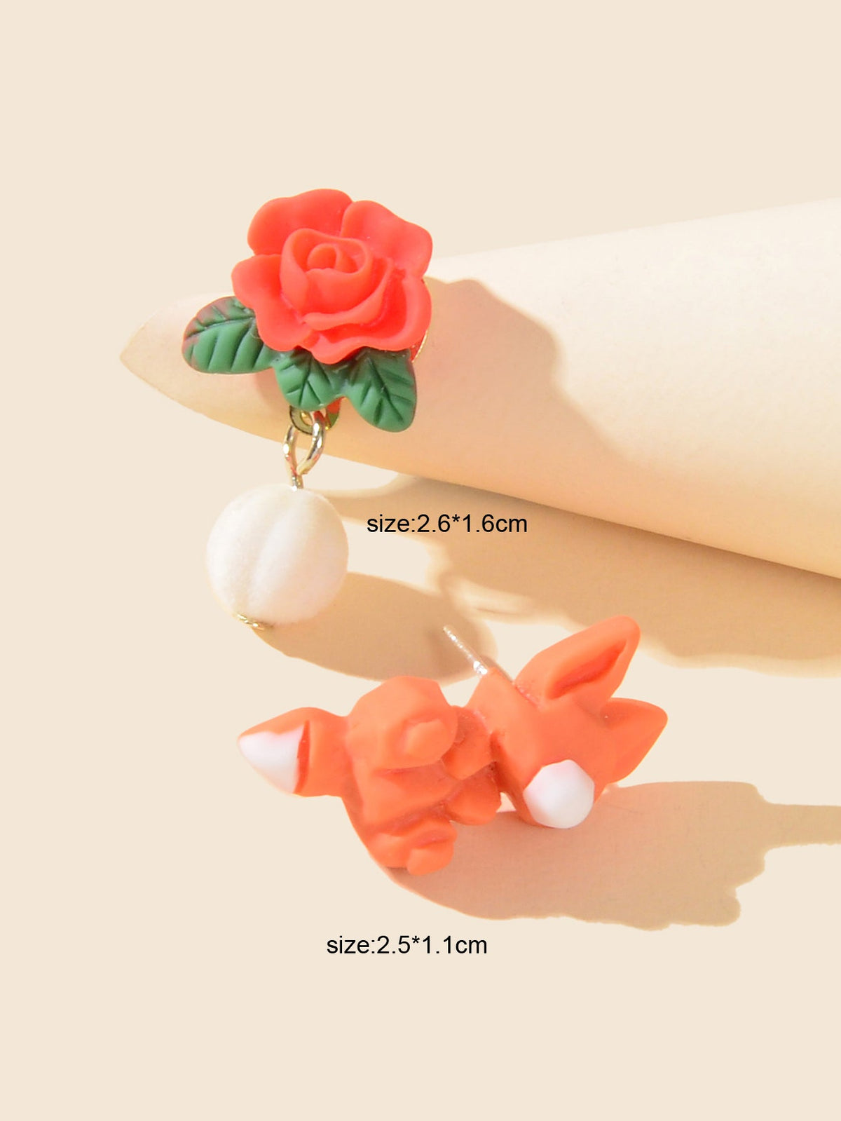 Funny Gift Asymmetrical 3D Cartoon Carved Red Rose Orange Fox Stud Earrings Gift-2