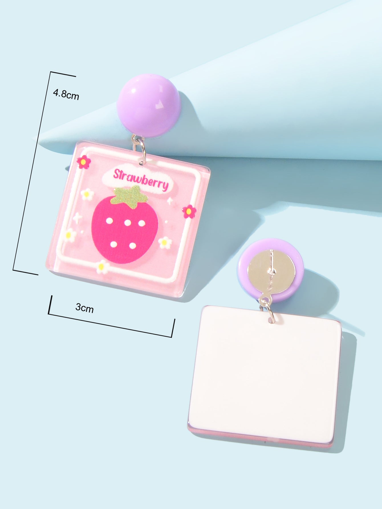 Sweet Acrylic Pink Strawberry Square Dangle Stud Earrings Y2k Style Accessories-3