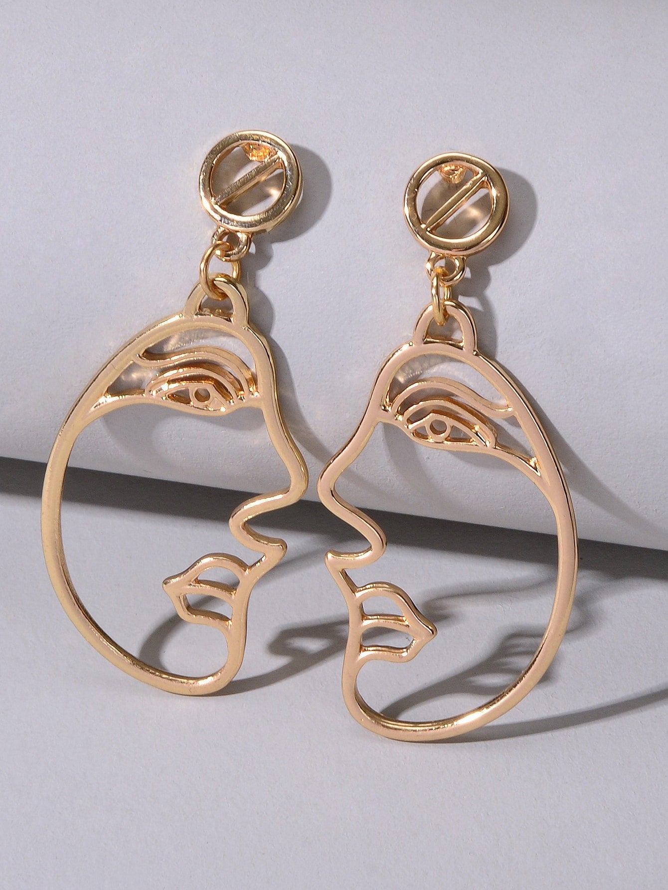 Gold Double Layered Chain Necklace Set with Face Profile Pendant Earrings Gift-4