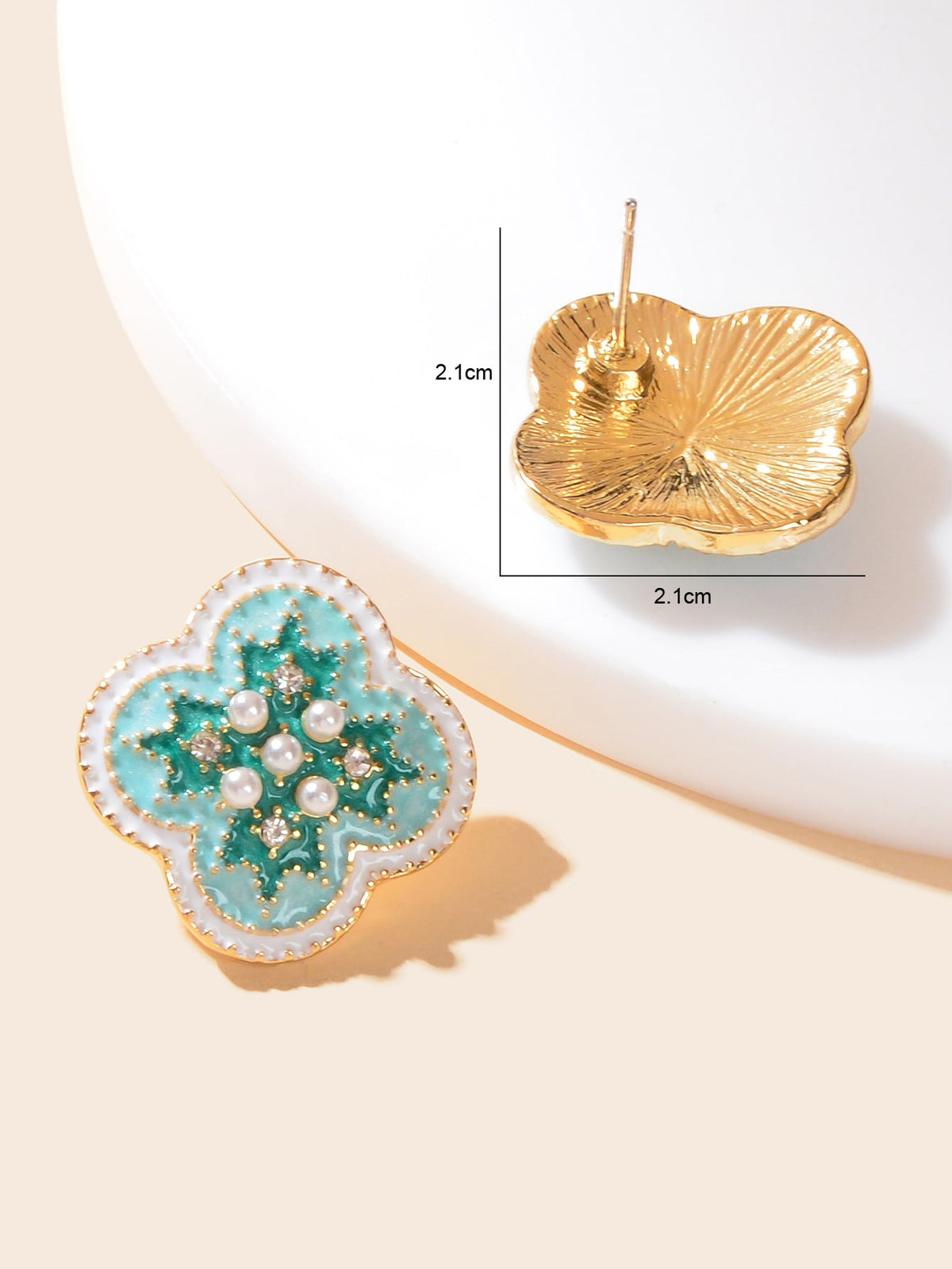 Exquisite Rhinestone and Pearl Decor Green Enamel Flower Stud Earrings for Women-3