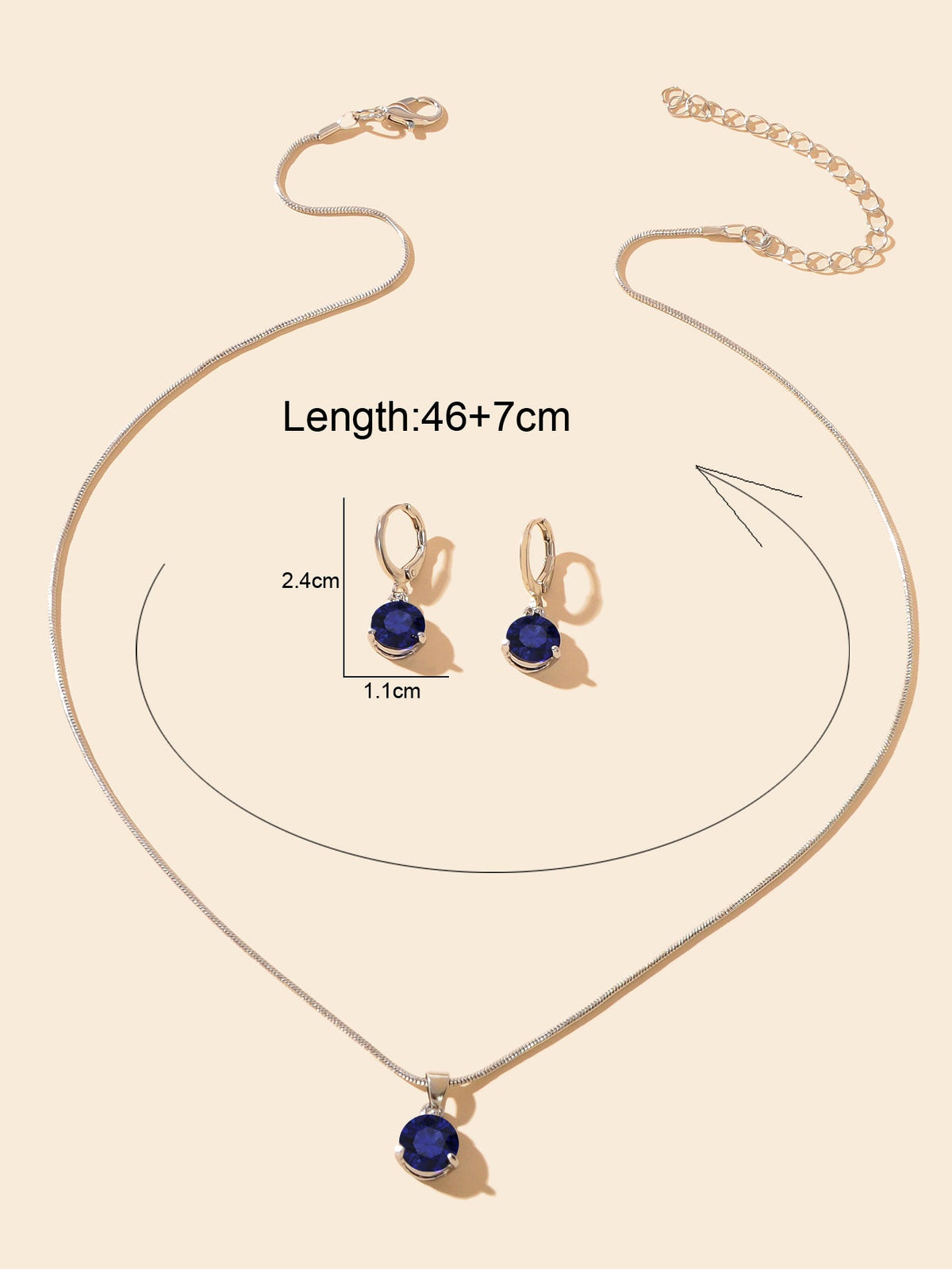 Round Navey Blue Imitation Gem Pendant Necklace Huggie Earrings Jewellery Set-3