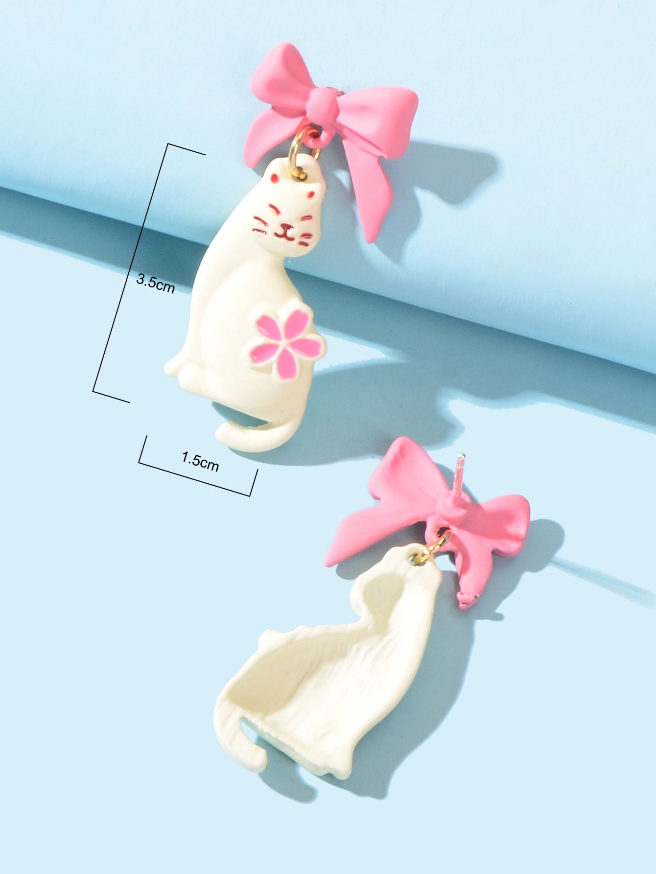 Handmade Cartoon Accessories Flower Bow-knot White Cat Piercing Stud Earrings-3