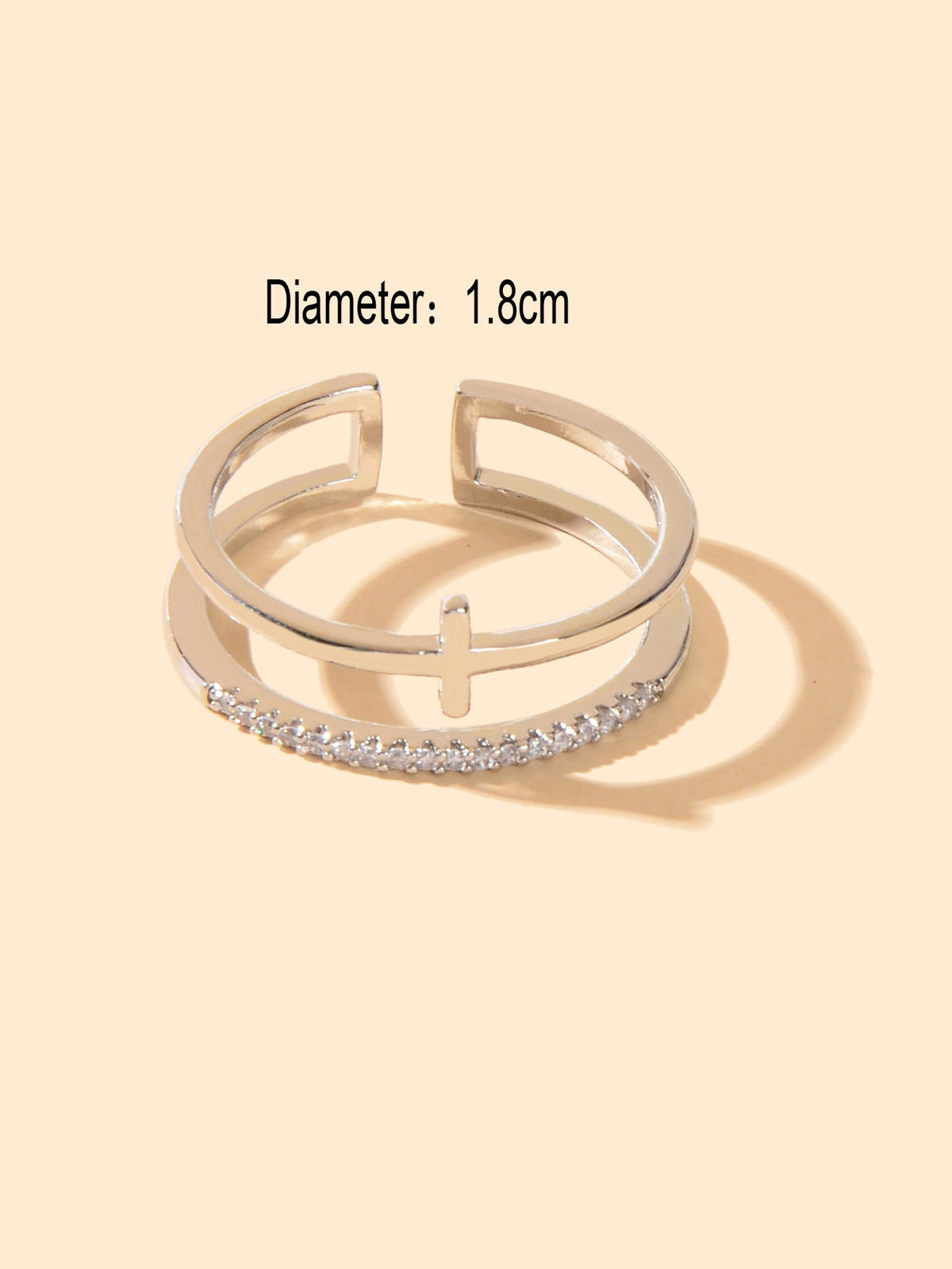 Designer Stylish Rhinestone Decor Silver Hollow out Cross Open Cuff Finger Ring-3