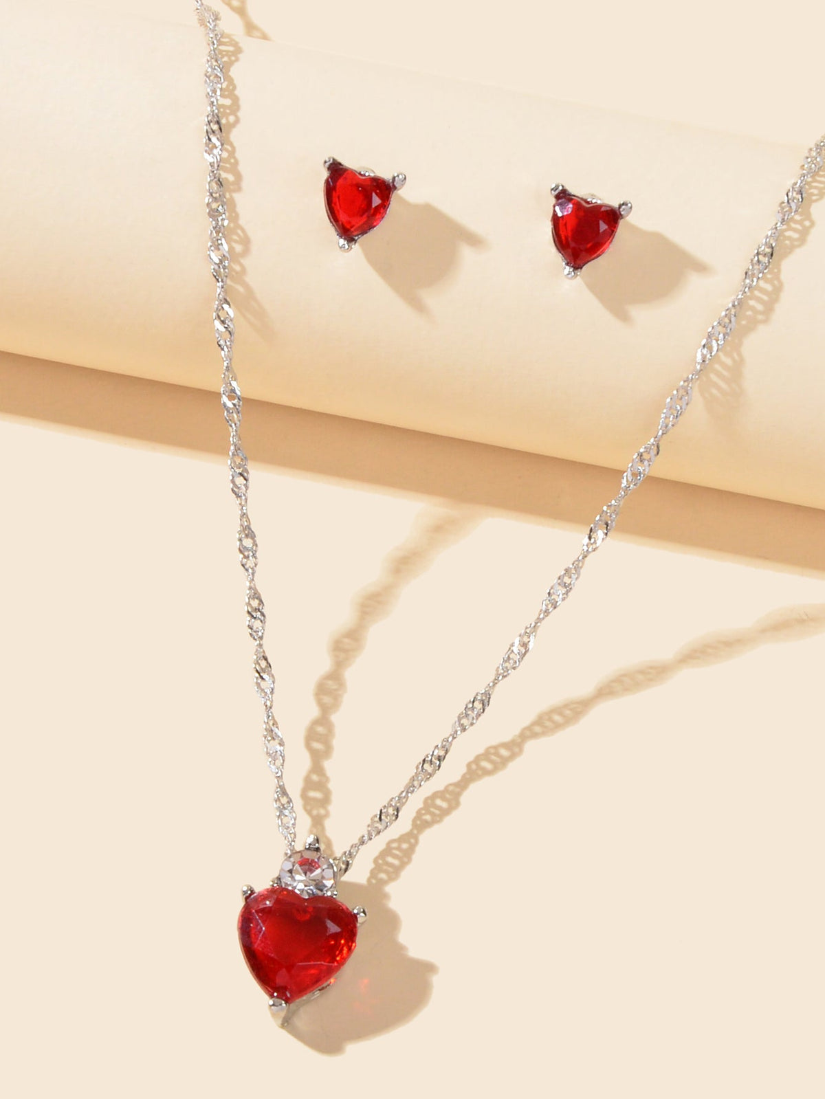 Valentine's Day Jewelry Set Gift Red Imitation Gemstone Heart Necklace Earrings-3