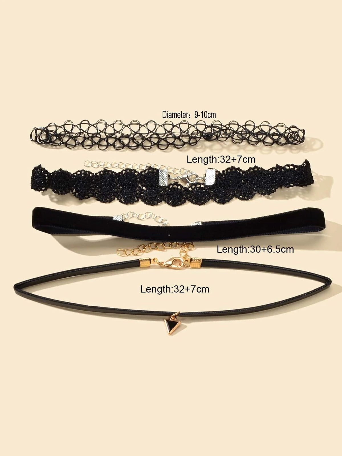 4 pcs Black Lace Pu Leather Geometric Gothic 90s Tattoo Velvet Choker Necklace-4