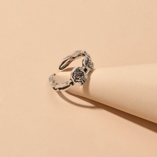 Personality Creative Antqiue Silver Carved Portrait Letter Open Cuff Cool Ring-1