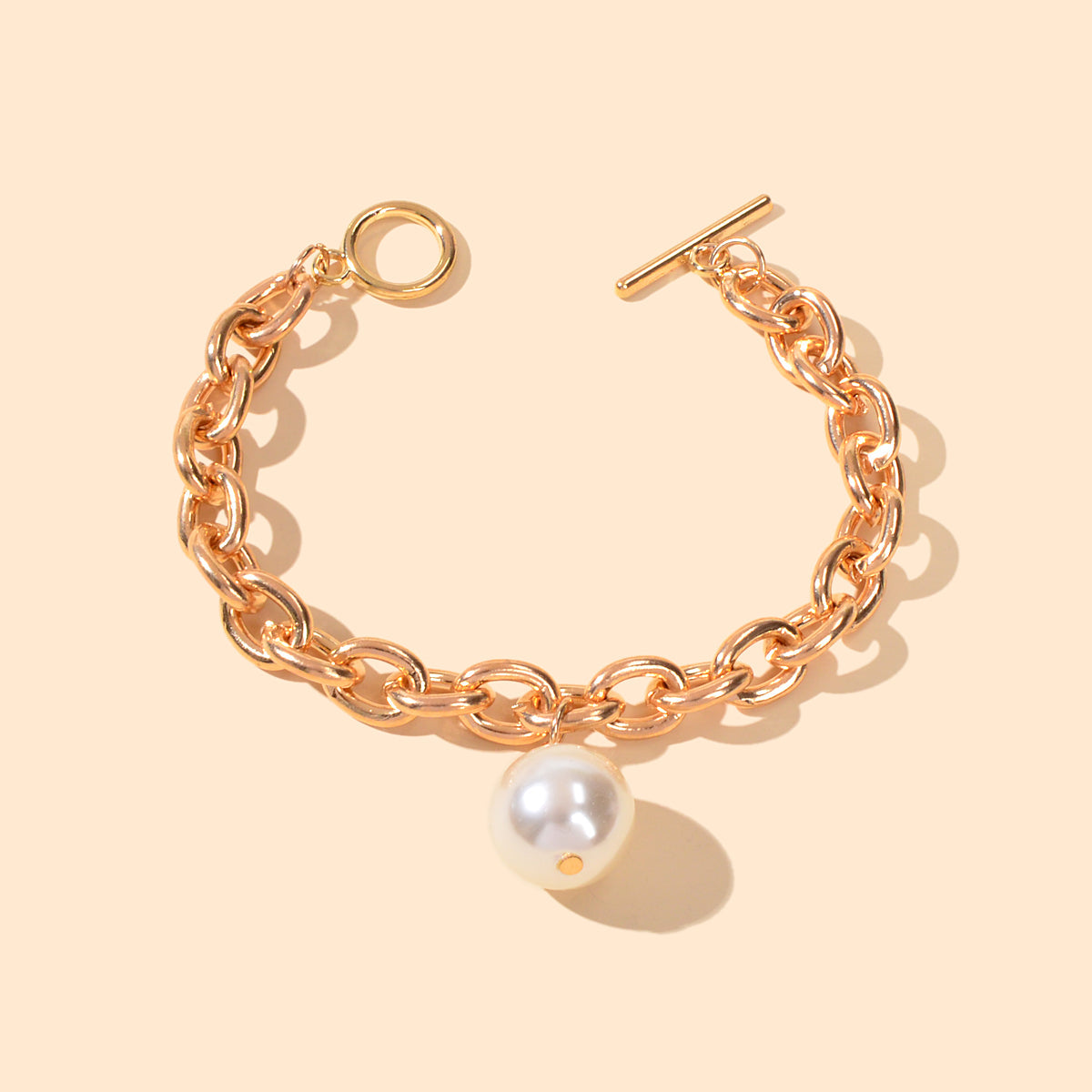 Punk Retro Pearl Beads Charm Crude Gold Link Bracelet Minimalist Ladies Jewelry-4