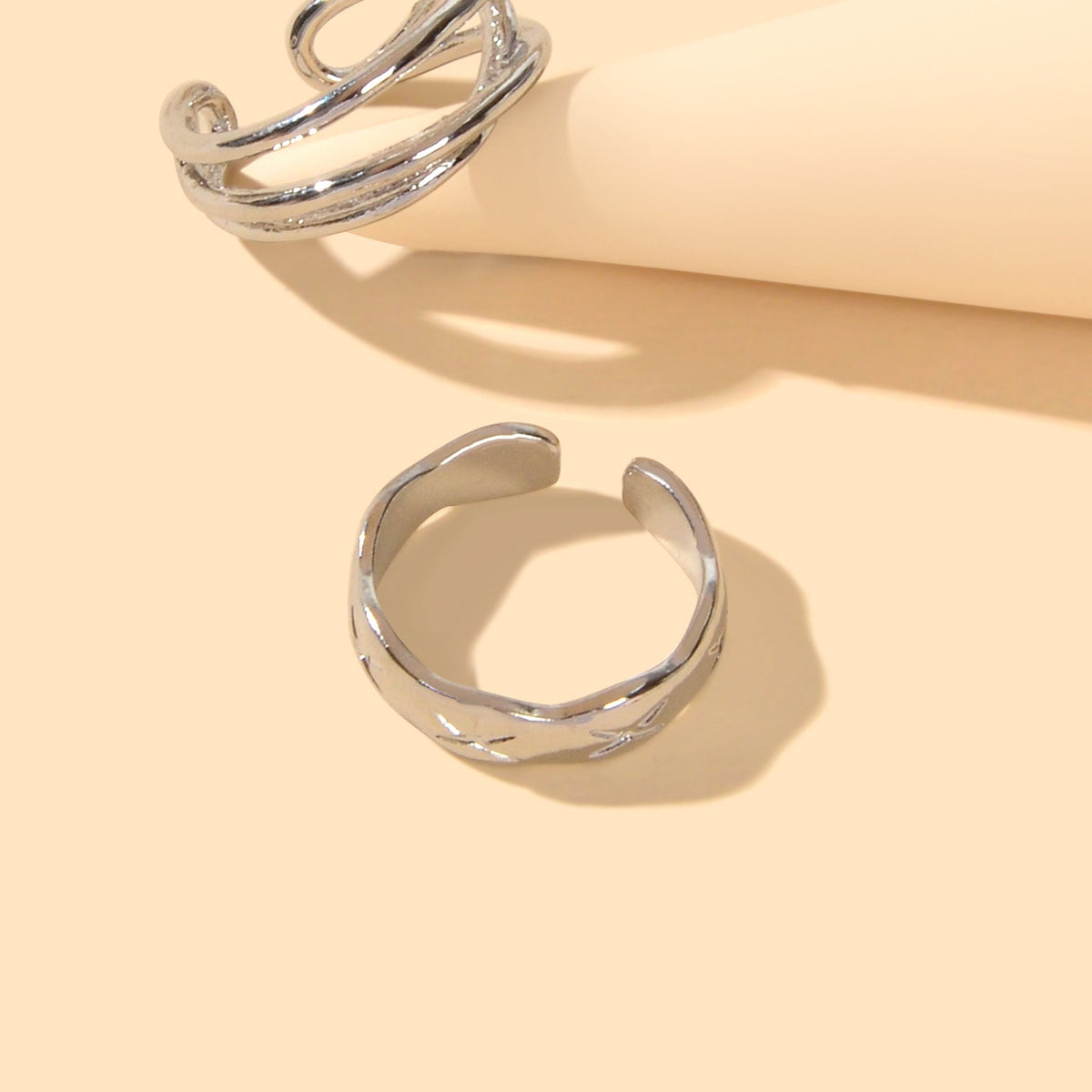 Statement Punk 2 pcs Silver Metal Geometric Multiple Stackable Midi Rings Set-4