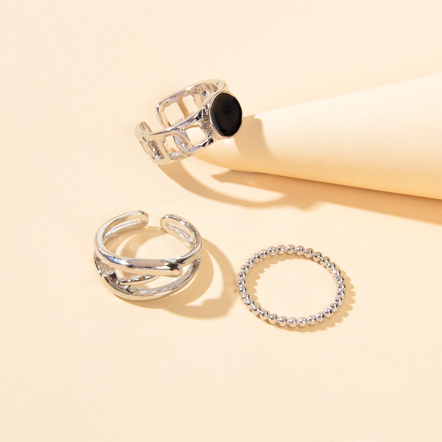 Multiple 3pcs Black Enamel Geometric Minimalist Silver Stackable Finger Ring Set-3