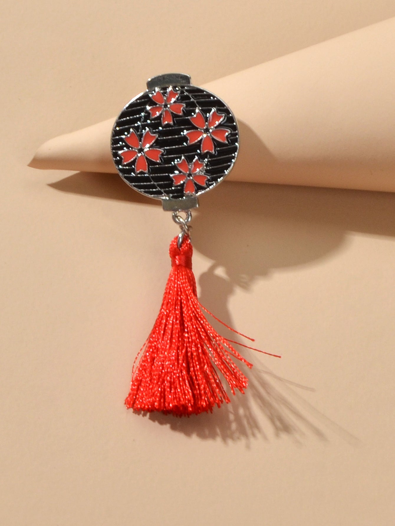 Chinese Ethnic Style Red Flower Black Lantern Brooch with Tassel Lapel Pin Badge-4