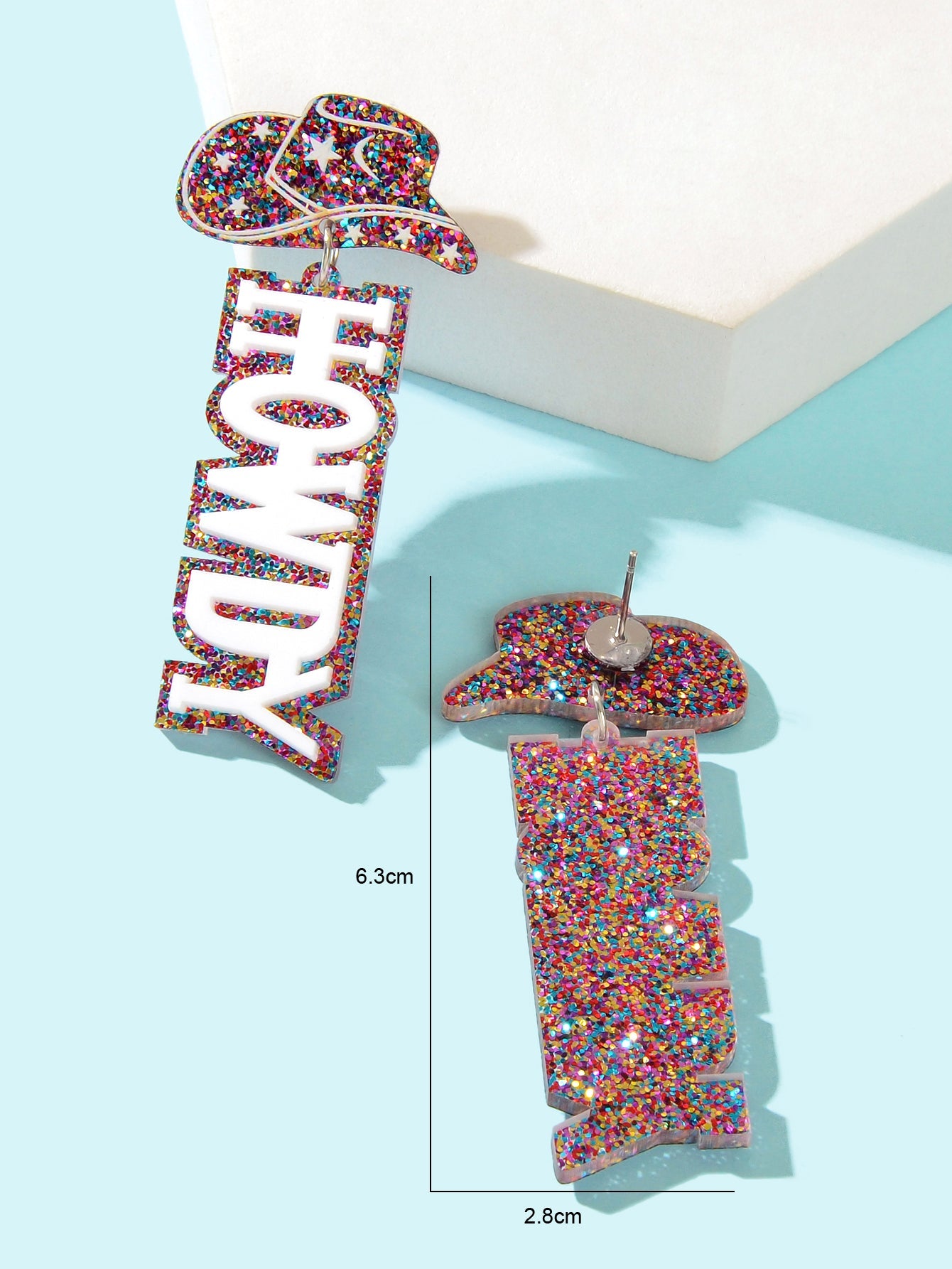 Designer Stylish Colorful Sequin Cowboy Hat Howdy Letter Acrylic Dangle Earrings-4