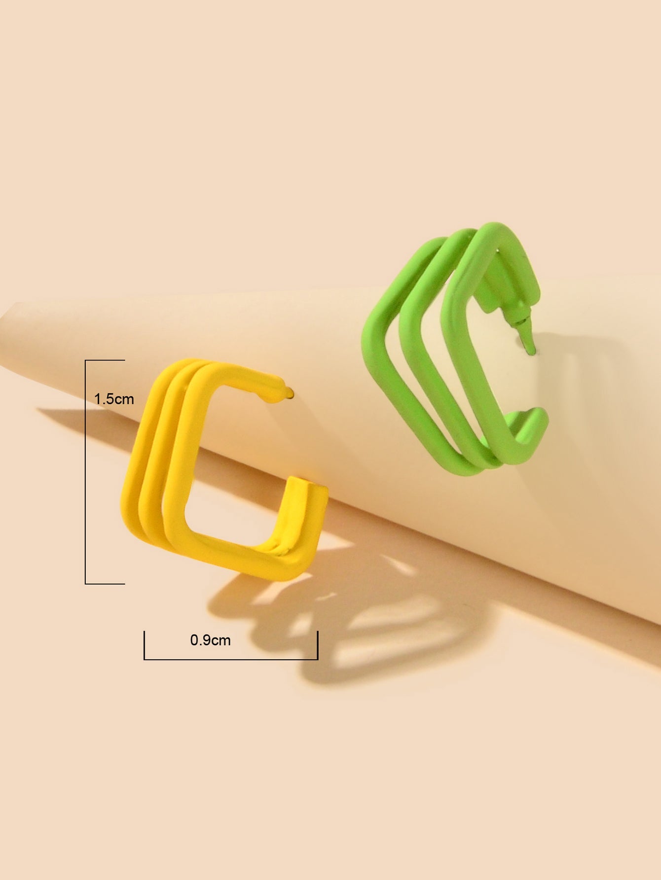 Unique Designer Yellow Green Geometric Personality Asymmetric Hoop Stud Earrings-4