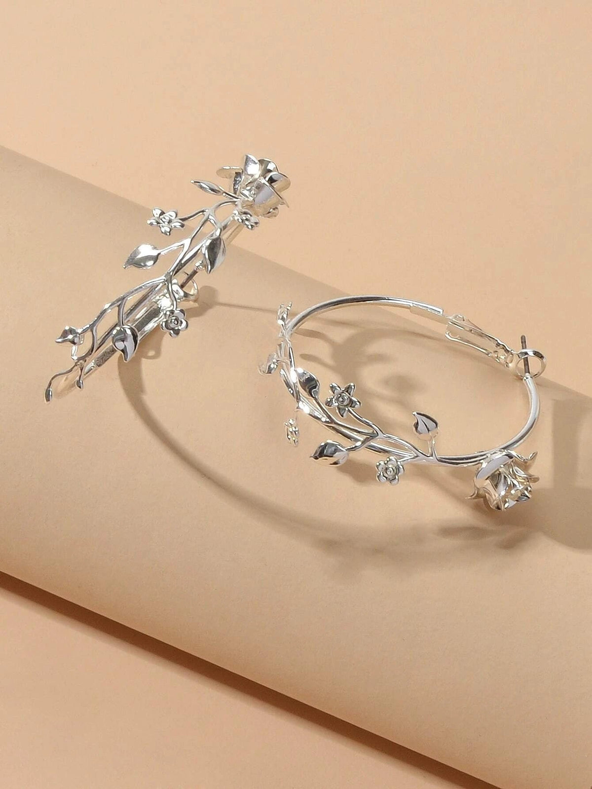 Traditional Silver Leaf Rose Flower Big Dangle Chunky Hoop Statement Earrings-4