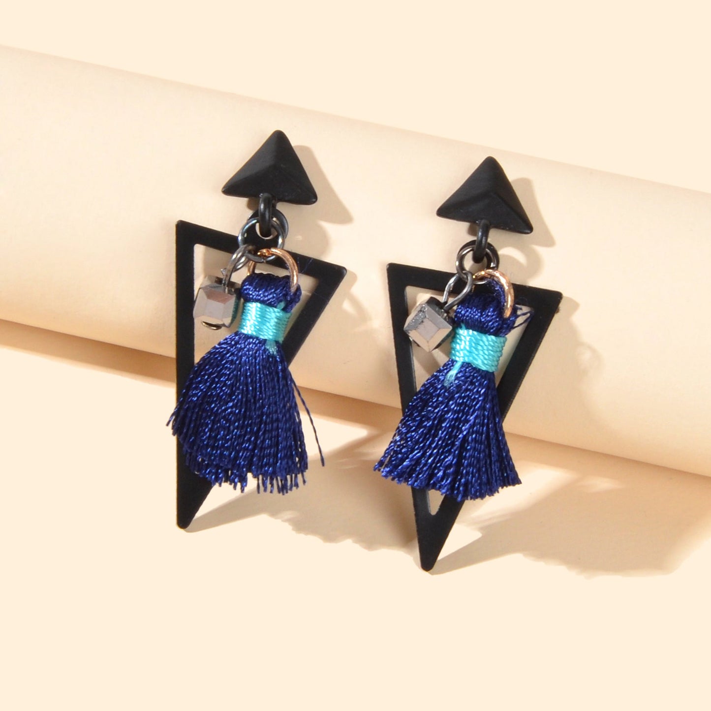 Black Triangle Blue Tassel Dangle Earrings Ethnic Traditional Jewellery Gift-4