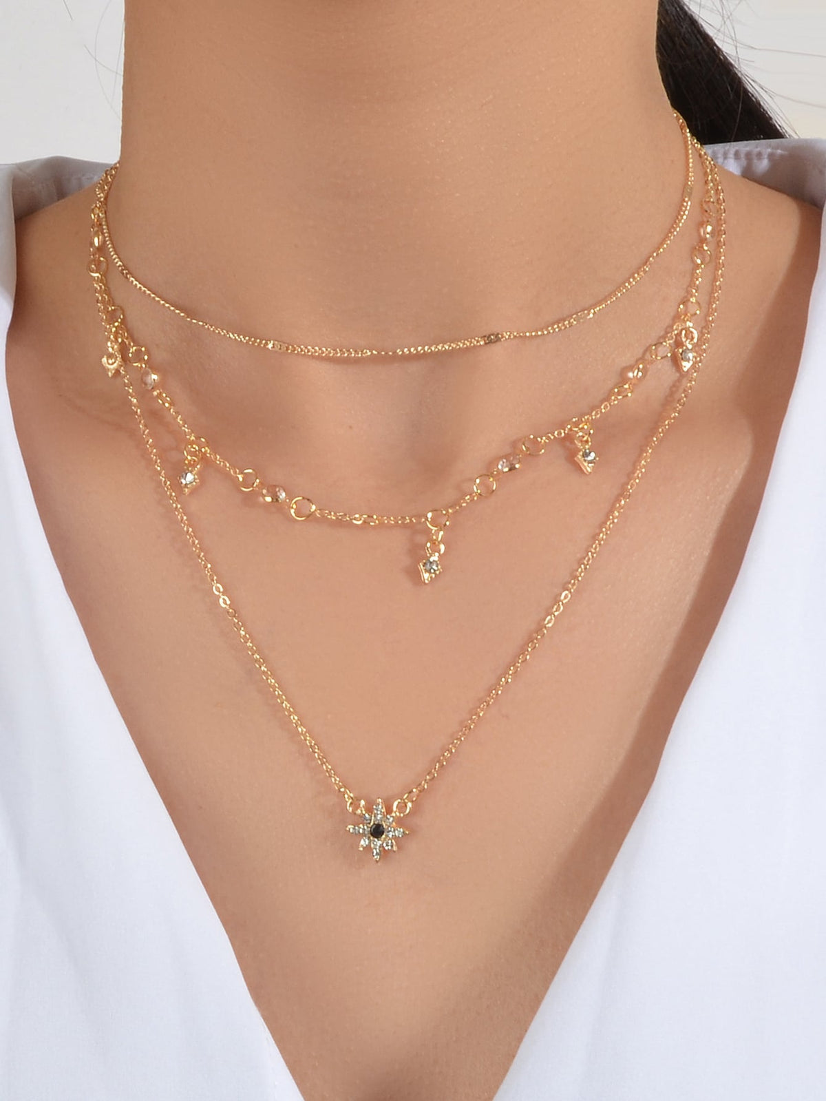 Awesome Teens Jewellery Gift Gold Layered Chain Rhinestone Flower Charm Necklace-4