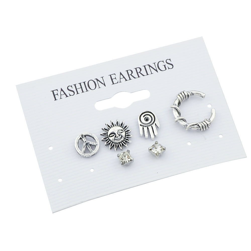 6 pcs Oxidized Intricate Antique Silver Sun Hand Vintage Stud Earrings Ear Cuff-4