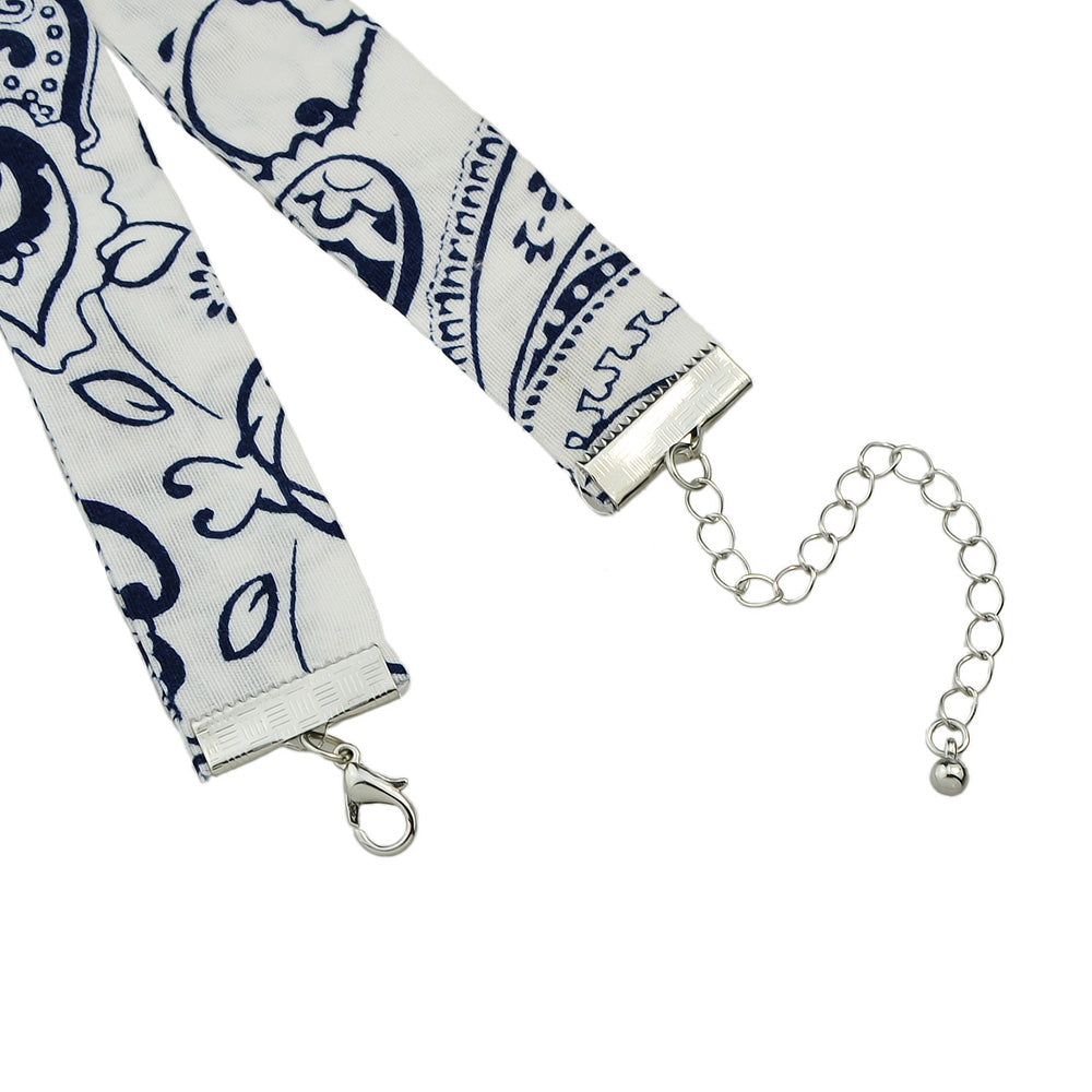 Boho Chic Jewelry 90s Blue Geometric Pattern Cloth Short Choker Necklace Collar-4