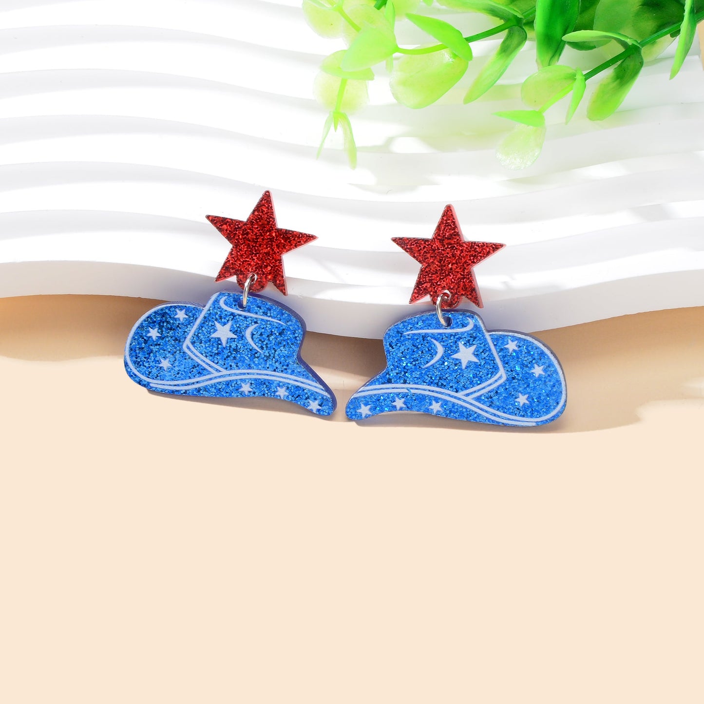 Designer Stylish Sequins Red Star Blue Cowboy Hat Acrylic Earrings Party Jewellery-4