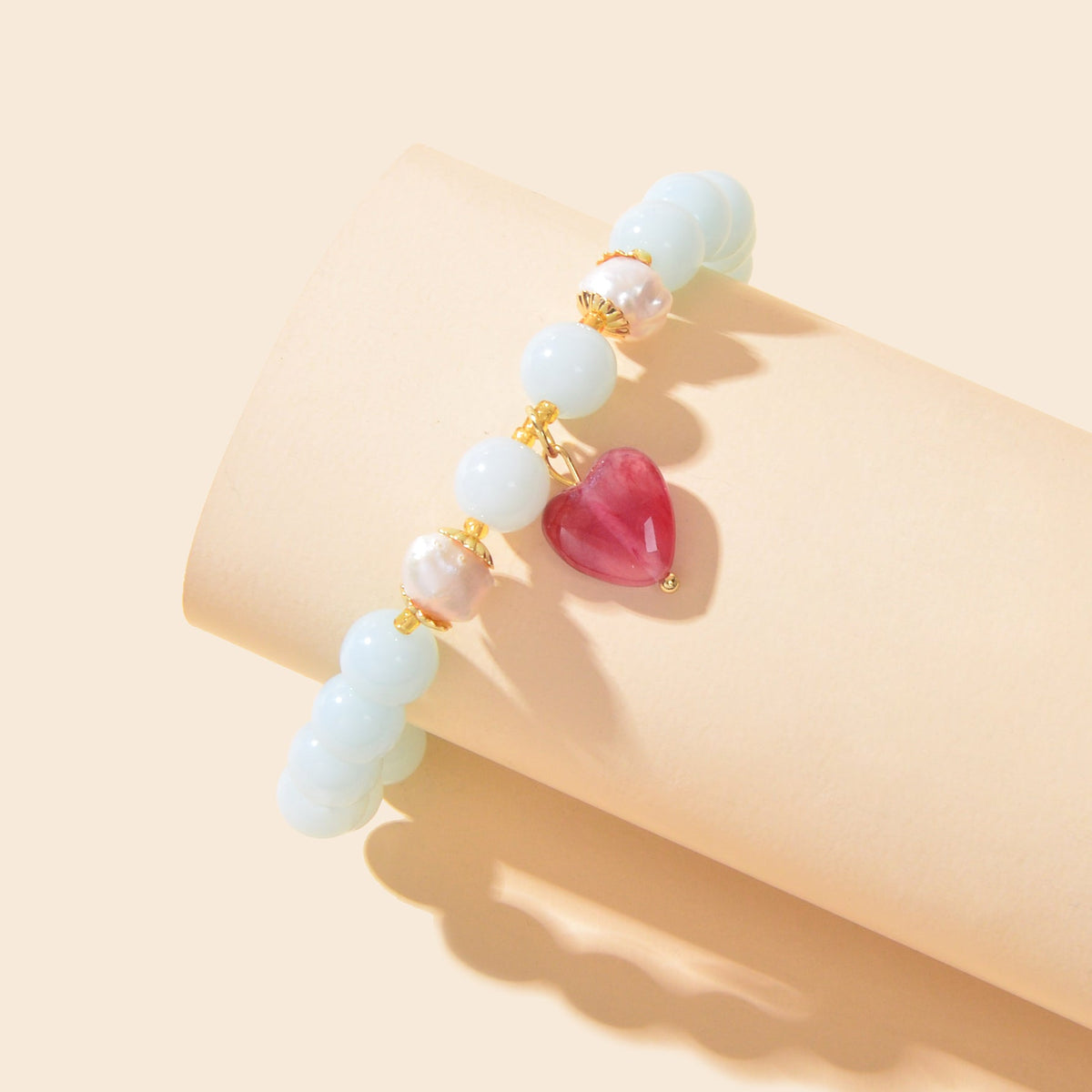 Retro Good Quality Jewellery Light Blue String Glass Beads Pink Heart Bracelet-4