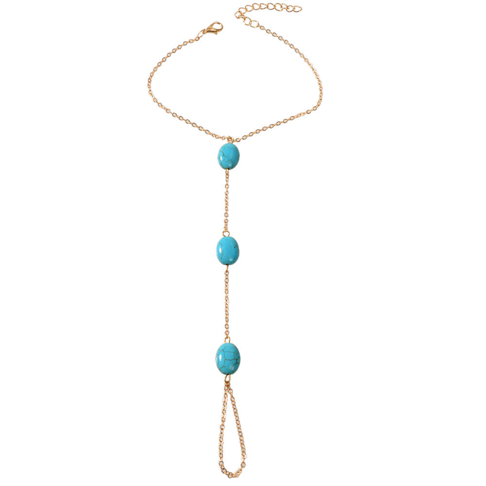 1 pc Bohemian Foot Beach Jewelry Gold Chain Turquoise Beads Anklet with Toe Ring-4