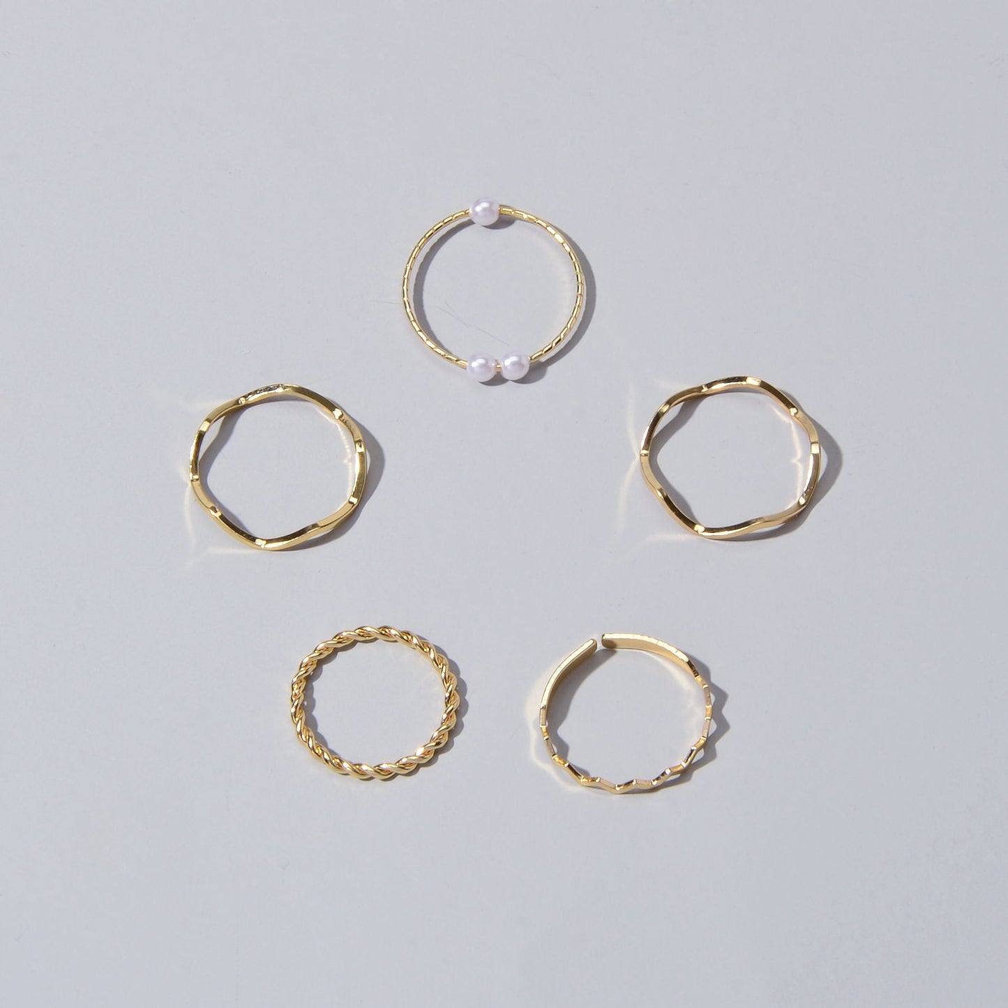 Stackable 5 pcs Metal Pearl Minimalist Finger Ring set Multiple Rings Bulk Pack-4