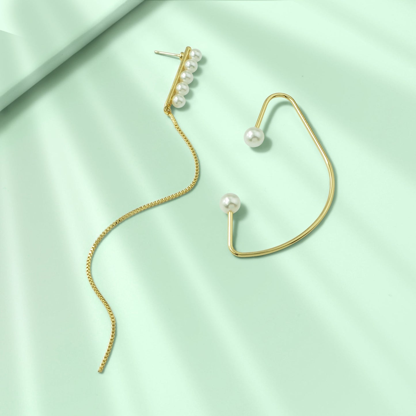 Designer Stylish Pearl Decor Long Gold Chain Charm Asymmetric Earrings Ear Cuff-4