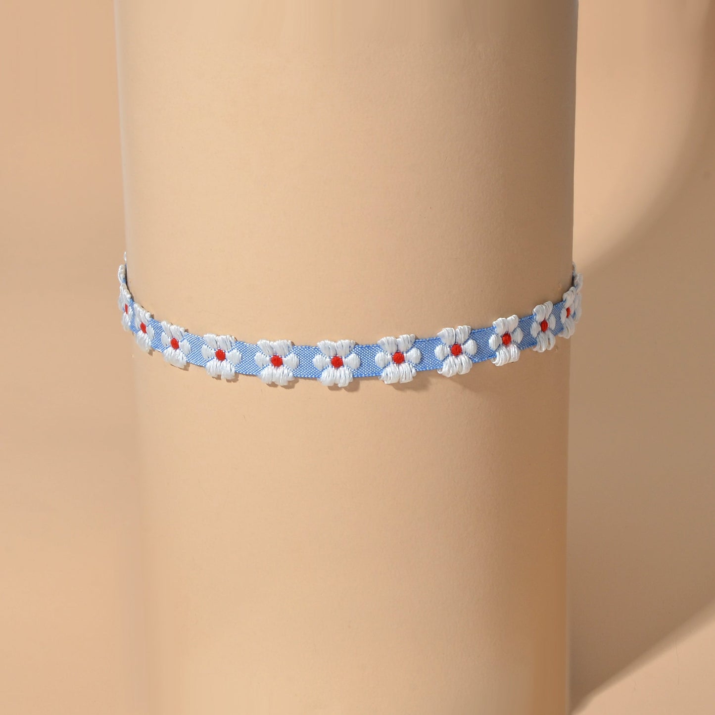 Retro Style 90s Blue Ribbon White Flower Tattoo Choker Necklace Short Collar-4