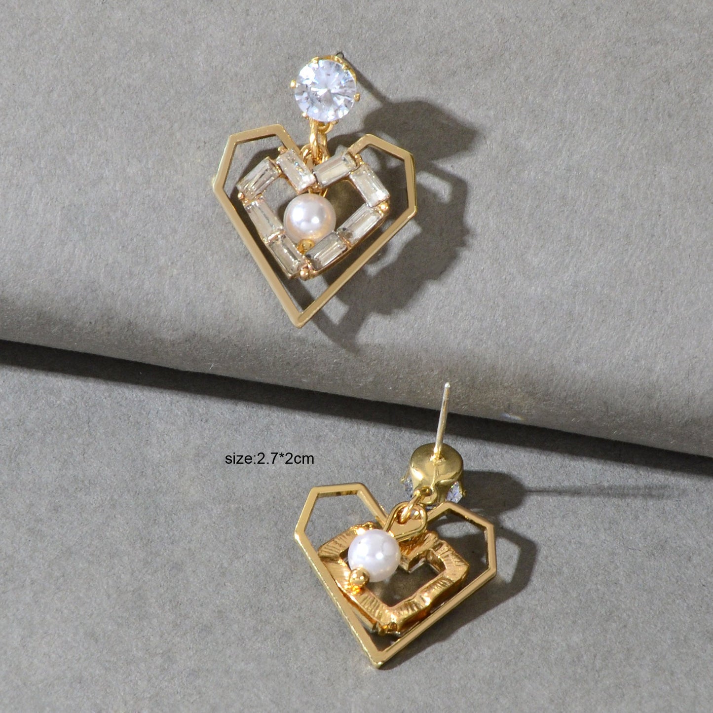 Textured Faux Pearl Cubic Zirconia Decor Heart Dangle Love Earrings for Wedding-4