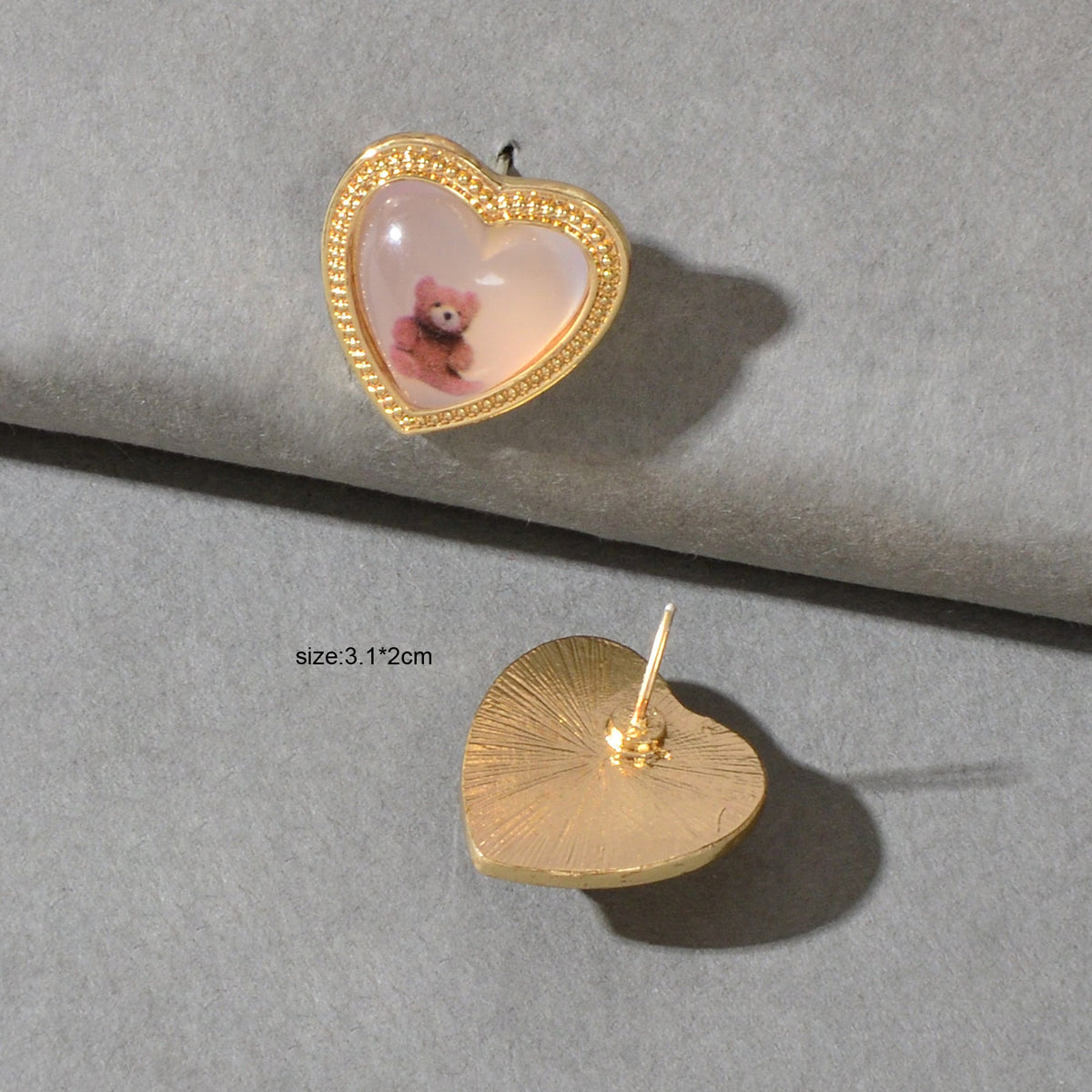 Lovely Bear Pattern Resin Heart Stud Pierced Earrings Dainty Gift for Woman Girl-4