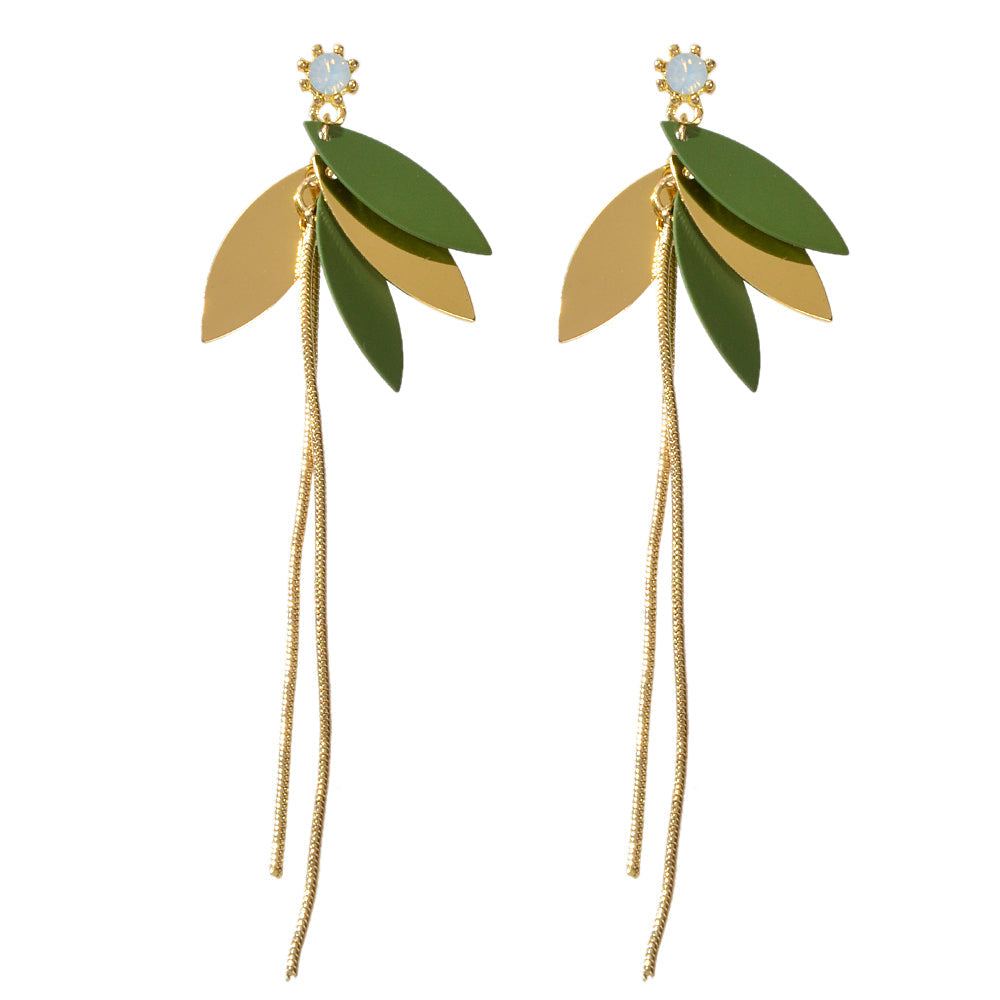 Female Jewellery Gold Green Leaf Long Chain Dangle Pierced Charm Women Earrings-4
