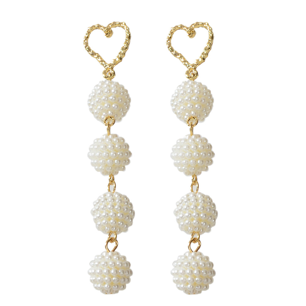 Beautiful White Beads Ball Gold Heart Long Dangle Earrings Perfect Wedding Gift-3
