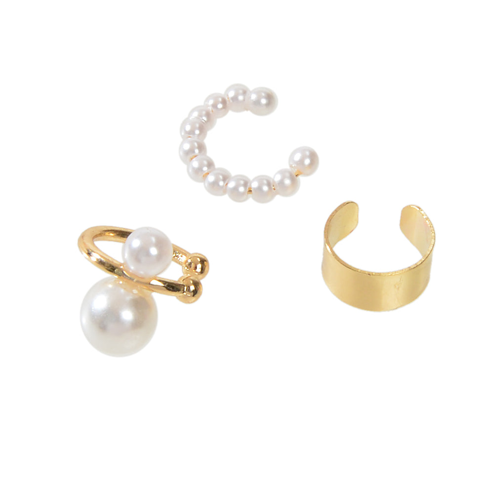 Fashion Pearl Gold Metal 3 pcs Ear Cuff Cartilage Earrings set Party Jewellery-3