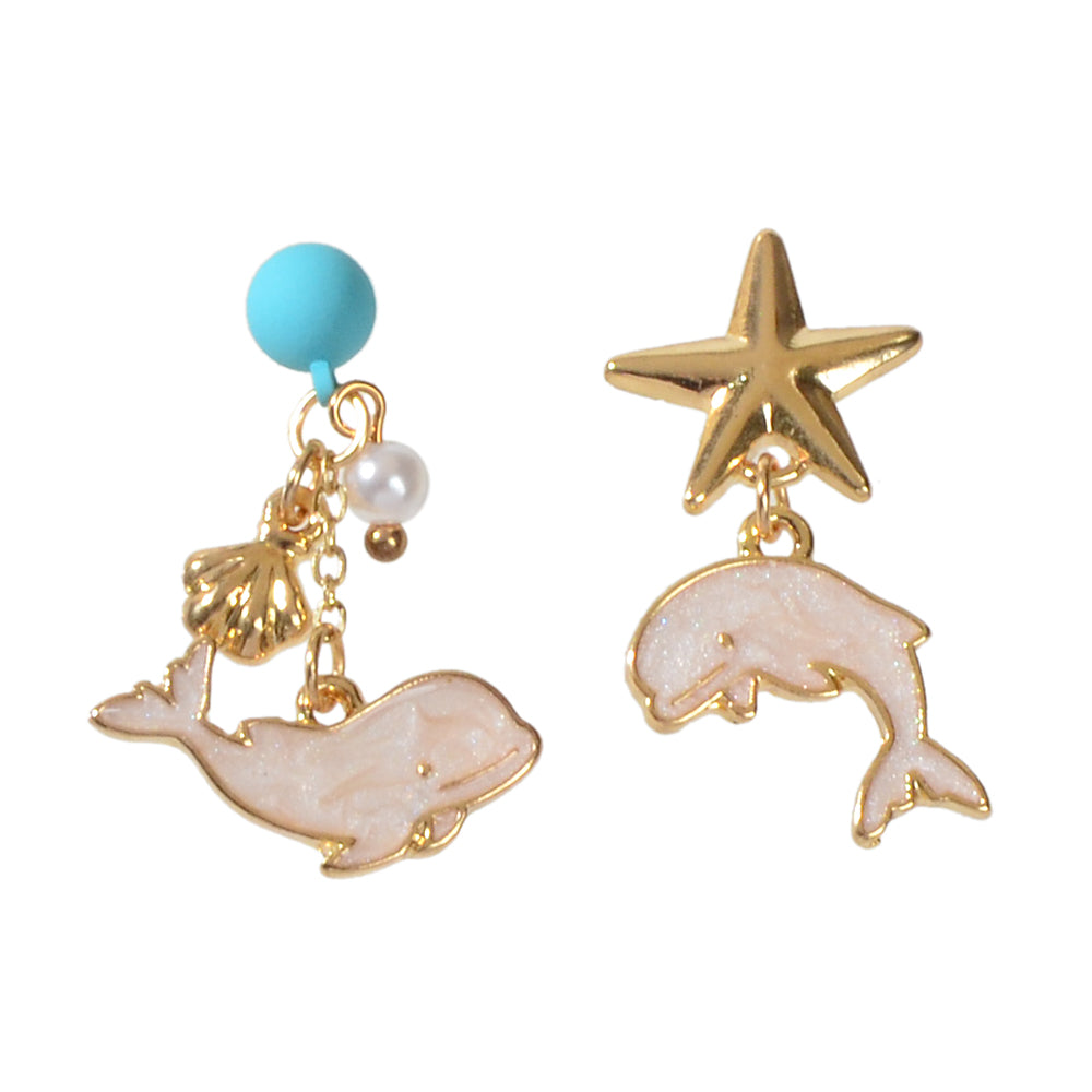 Nautical Jewelry Blue Beads Star Shell Dolphin Asymmetric Dangle Ocean Earrings-4