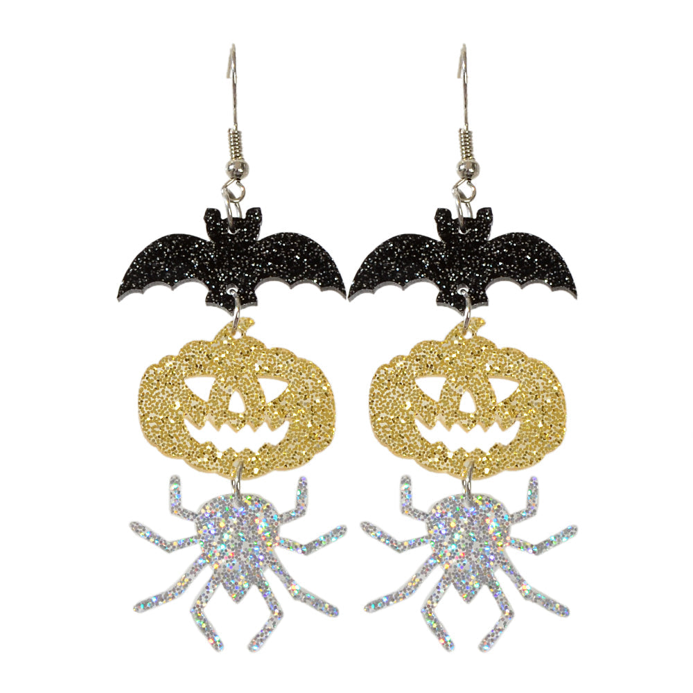 Halloween Gothic Acrylic Black Bat Spider Pumpkin Statement Drop Earrings Party-4
