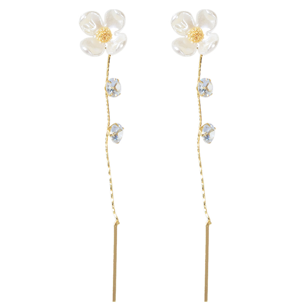 Designer Jewellery Rhinestone White Flower Long Chain Bar Charm Dangle Earrings-3