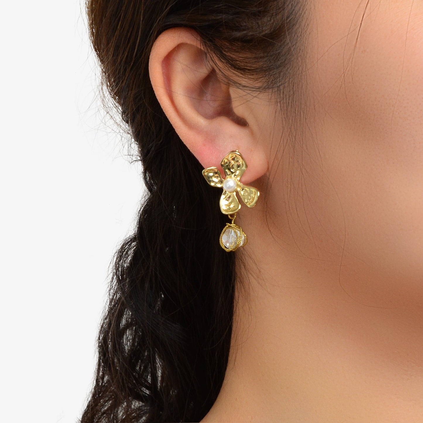 Delicate Rhinestone Long Chain Tassel Gold Flower Asymmetrical Stud Earrings-3