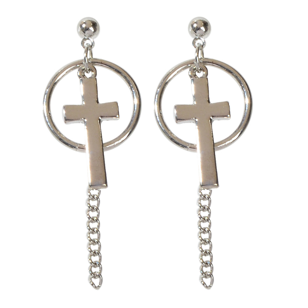 Hip Hop Punk Goth Style Silver Circle Chain Cross Dangle Earrings Female Jewelry-4