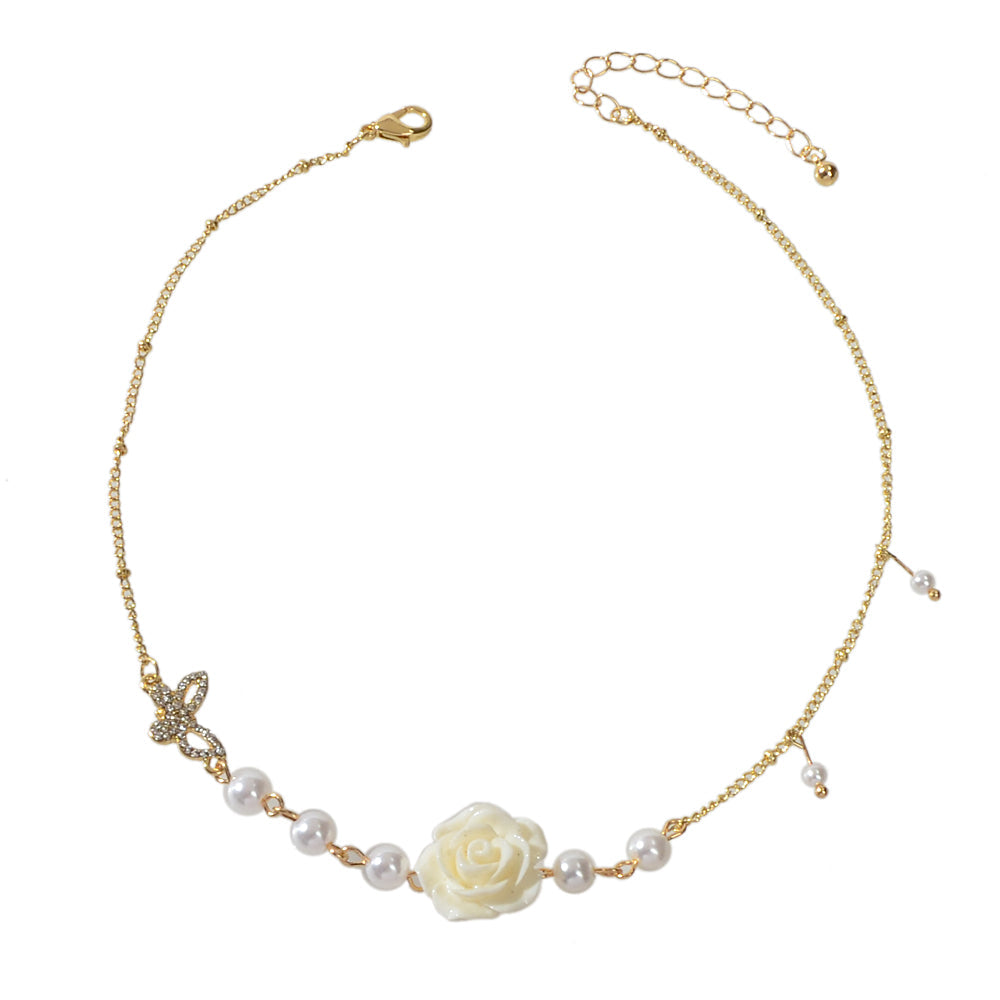 Luxurious Gold Chain Rhinestone Pearl Butterfly White Flower Collar Necklace-4
