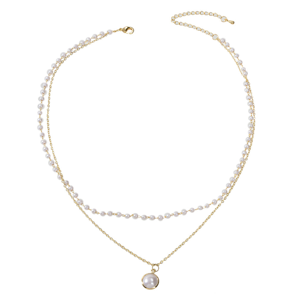 Retro Gold Double layer Chain Pearl Pendant Necklace Anniversary Wedding Gift-4