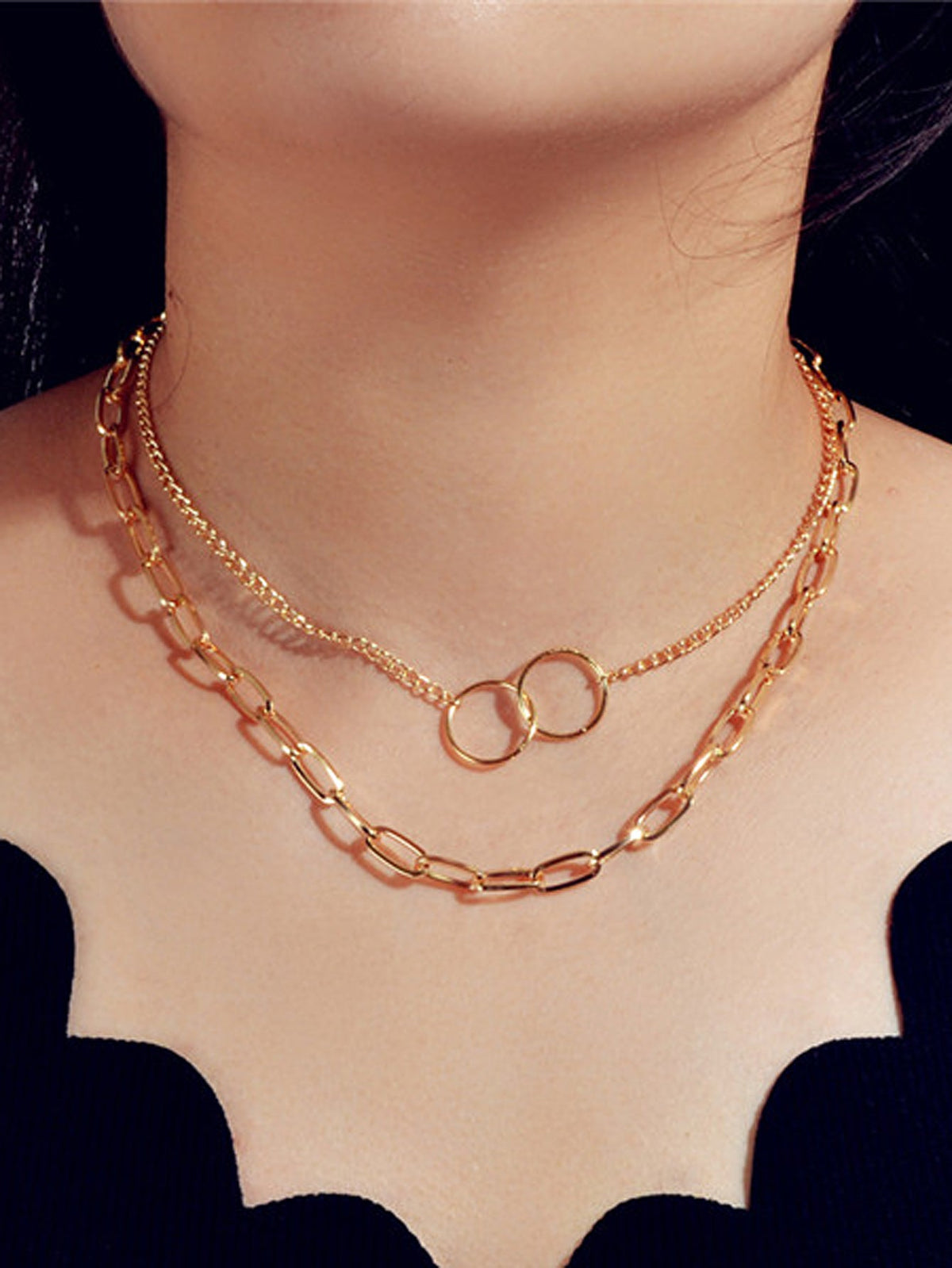 Punk Style 2 pcs Gold Chain Circle Pendant Necklace Wholesale Price Accessories-4