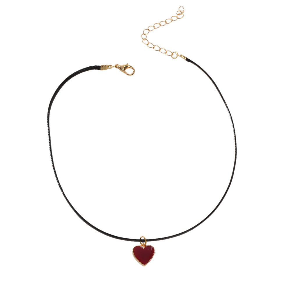 Fashion Jewellery Black Pu Leather Chain Red Heart Charm Women Choker Necklace-4