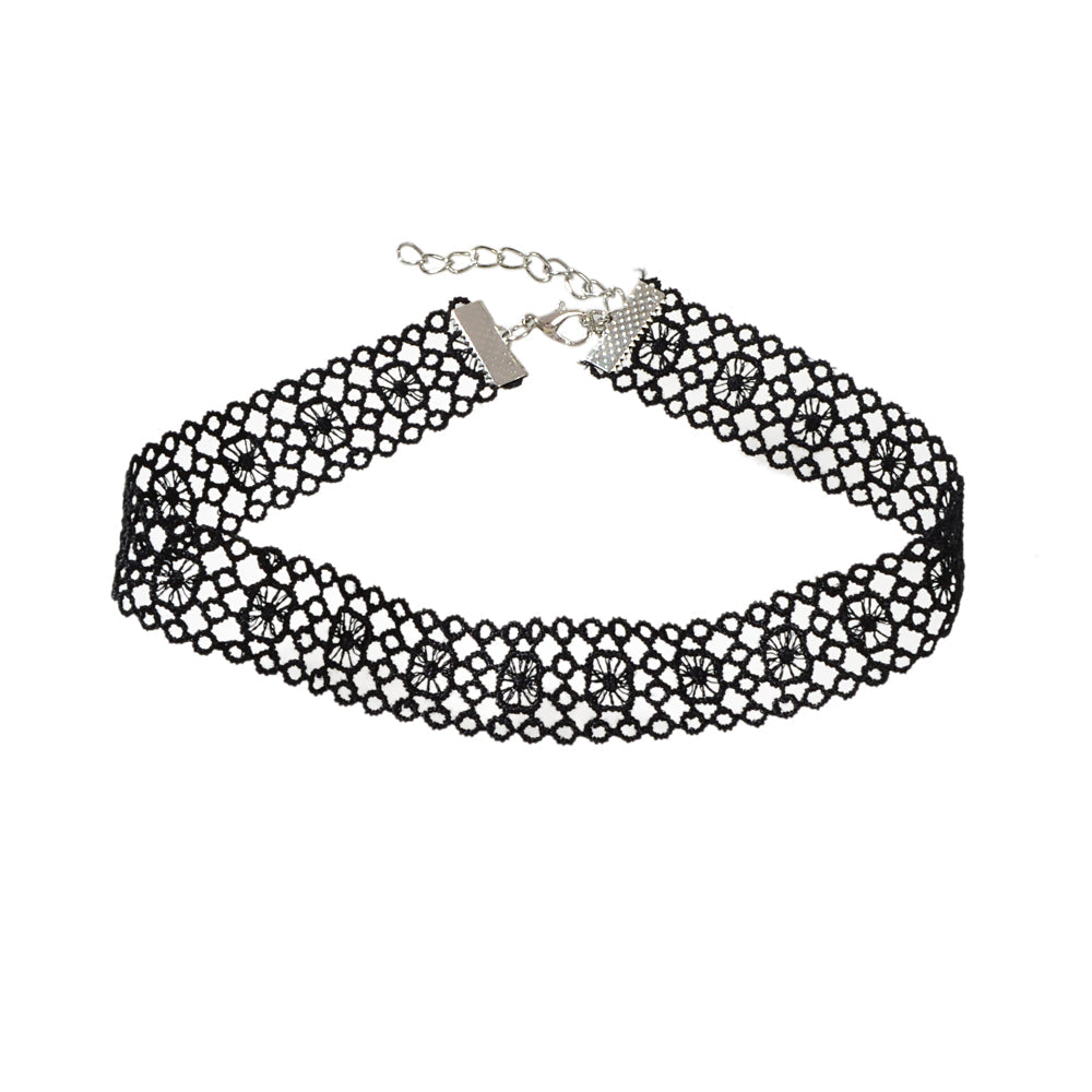 Black Hollow Out Lace Pattern Gothic 90s Tattoo Choker Punk Halloween Necklace-3