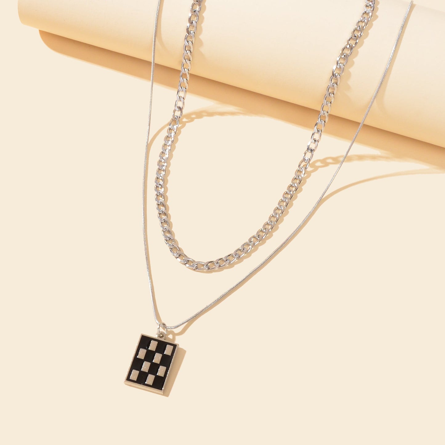 Street Double Layer Silvery Chain Black Silver Checkered Rectangle Geometric Pendant Necklace School Daily Accessory-3