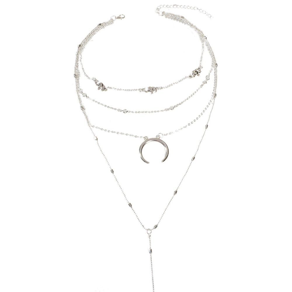 Tribal Ethnic Multi-layer Silver Chain Horns Pendant Necklace Boho Chic Jewelry-4