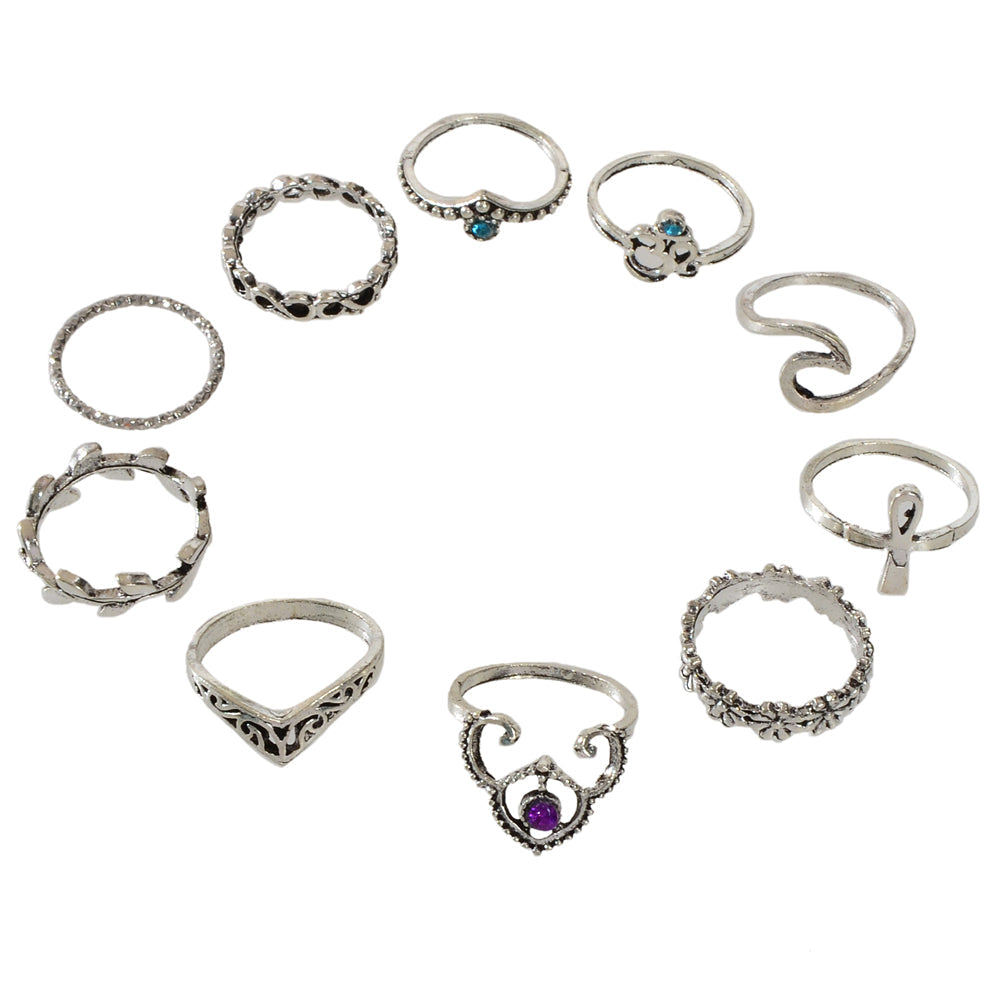 Multiple 10 pcs Antqiue Leaf Flower Geometric Stackable Midi Knuckle Rings set-3