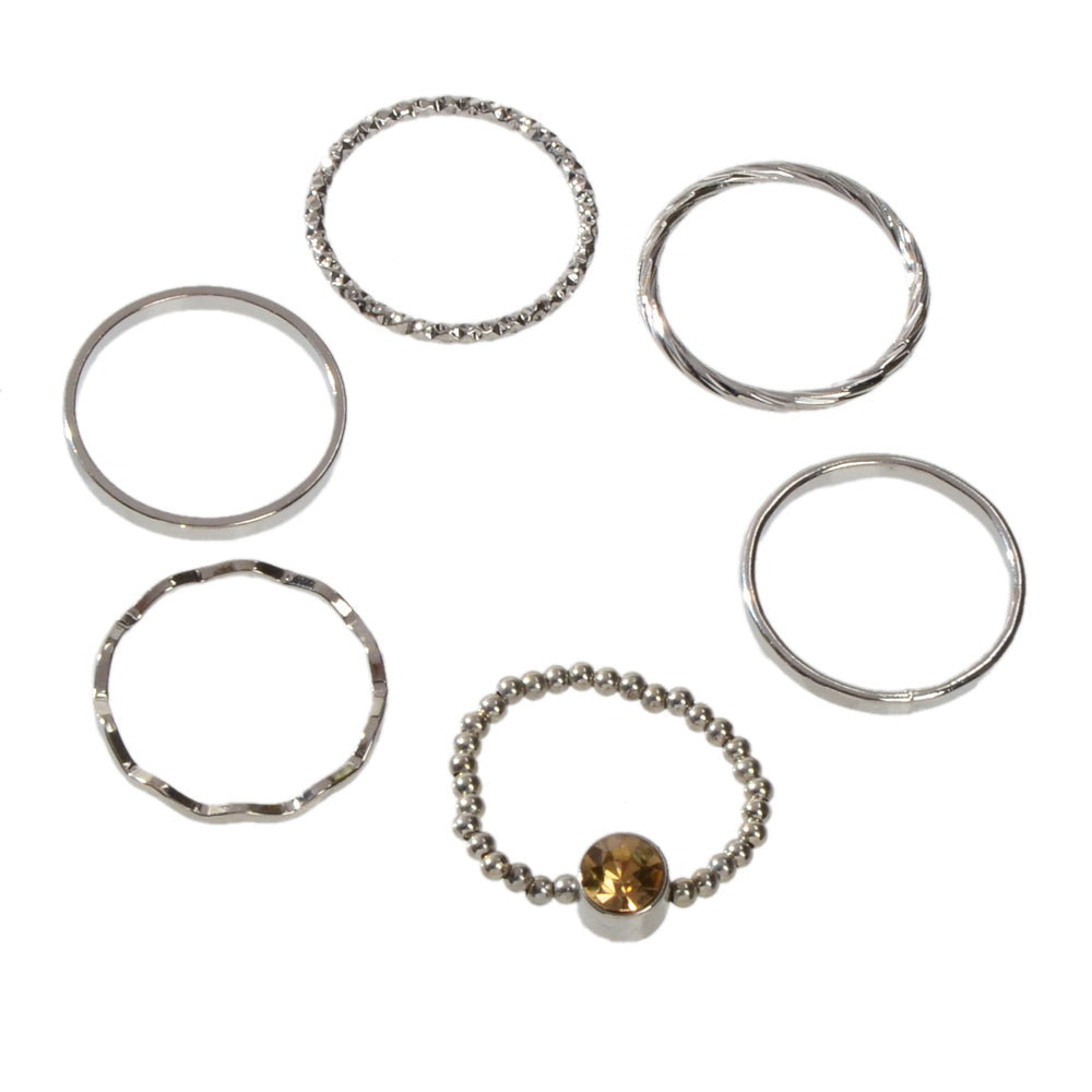 Stackable 6 pcs Rhinestone Decor Silver Finger Ring set Multiple Rings Bulk Pack-4