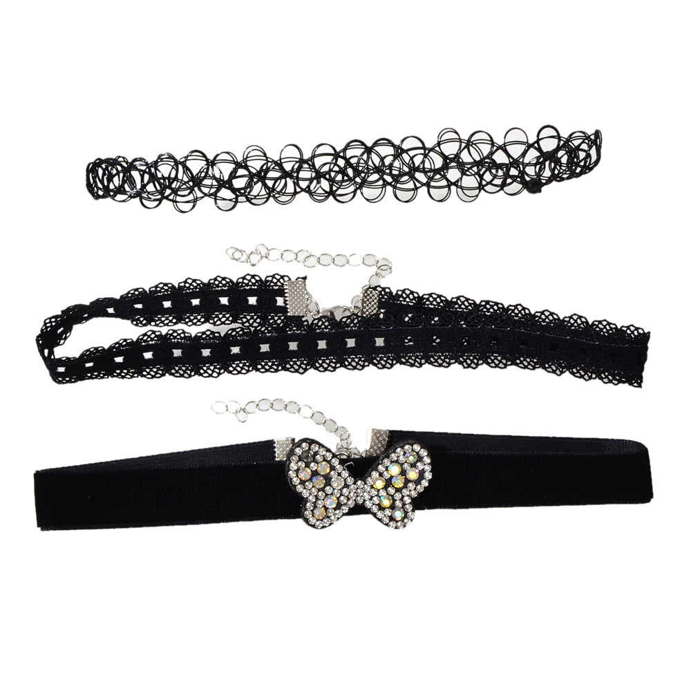 Black Elastic Rhinestone 3pcs Lace Flower Bow Velvet Boho Punk 90s Tattoo Choker-4