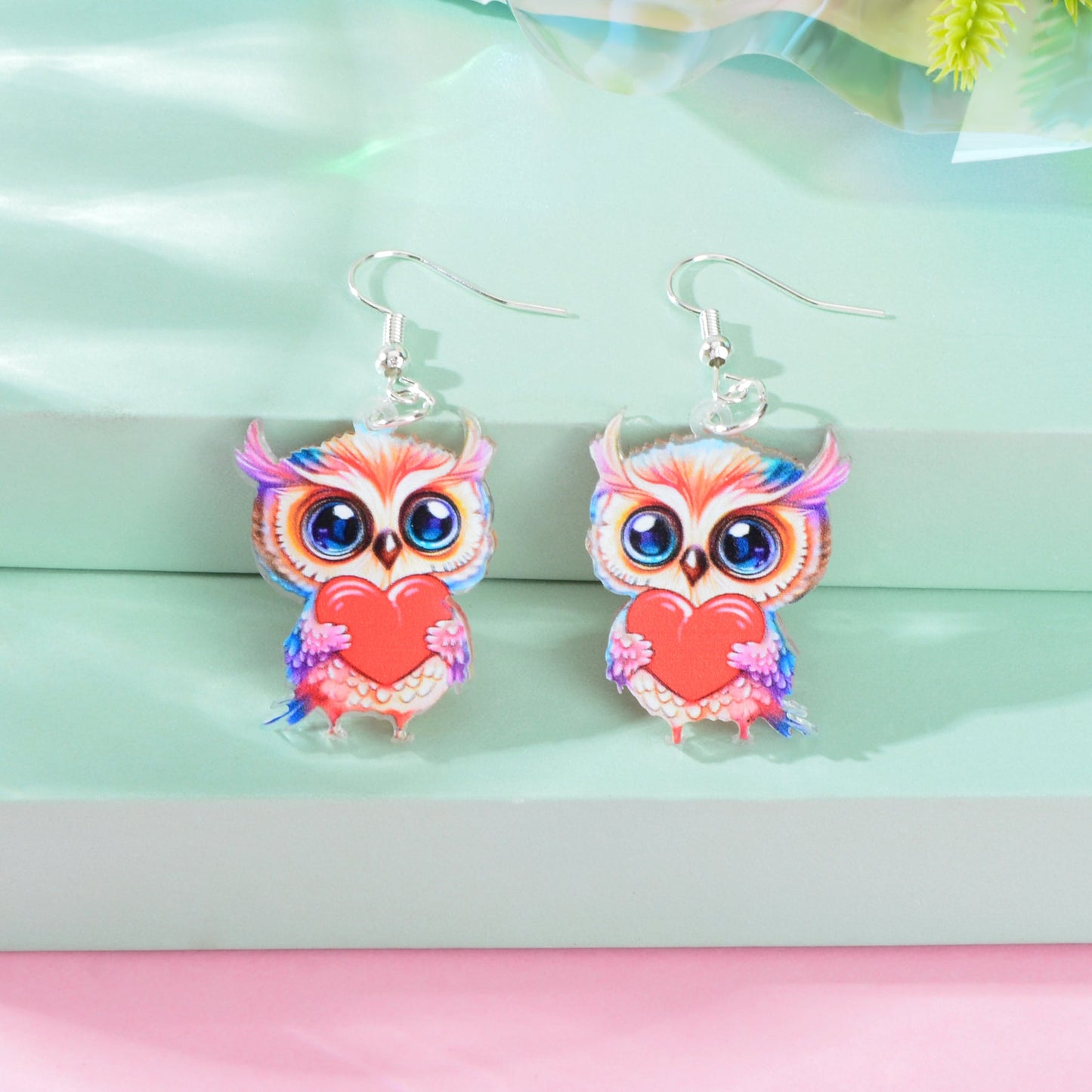 Lovely Animal Colorful Acrylic Heart Owl Dangle Earrings for Women Party Holiday Jewelry-4
