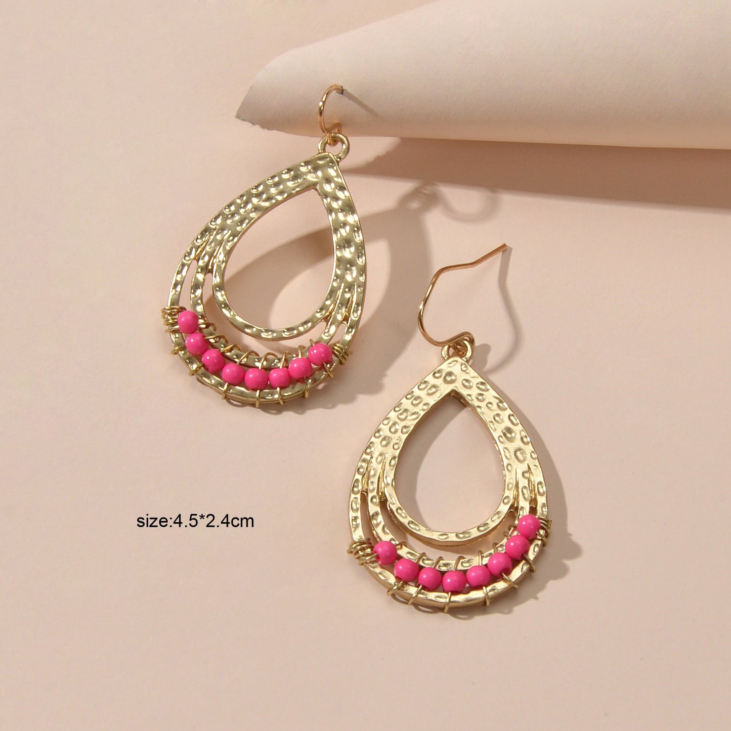 Ethnic Hotpink Beads Handmade Hollow Water Drop Bohemian Traditional Earrings-4