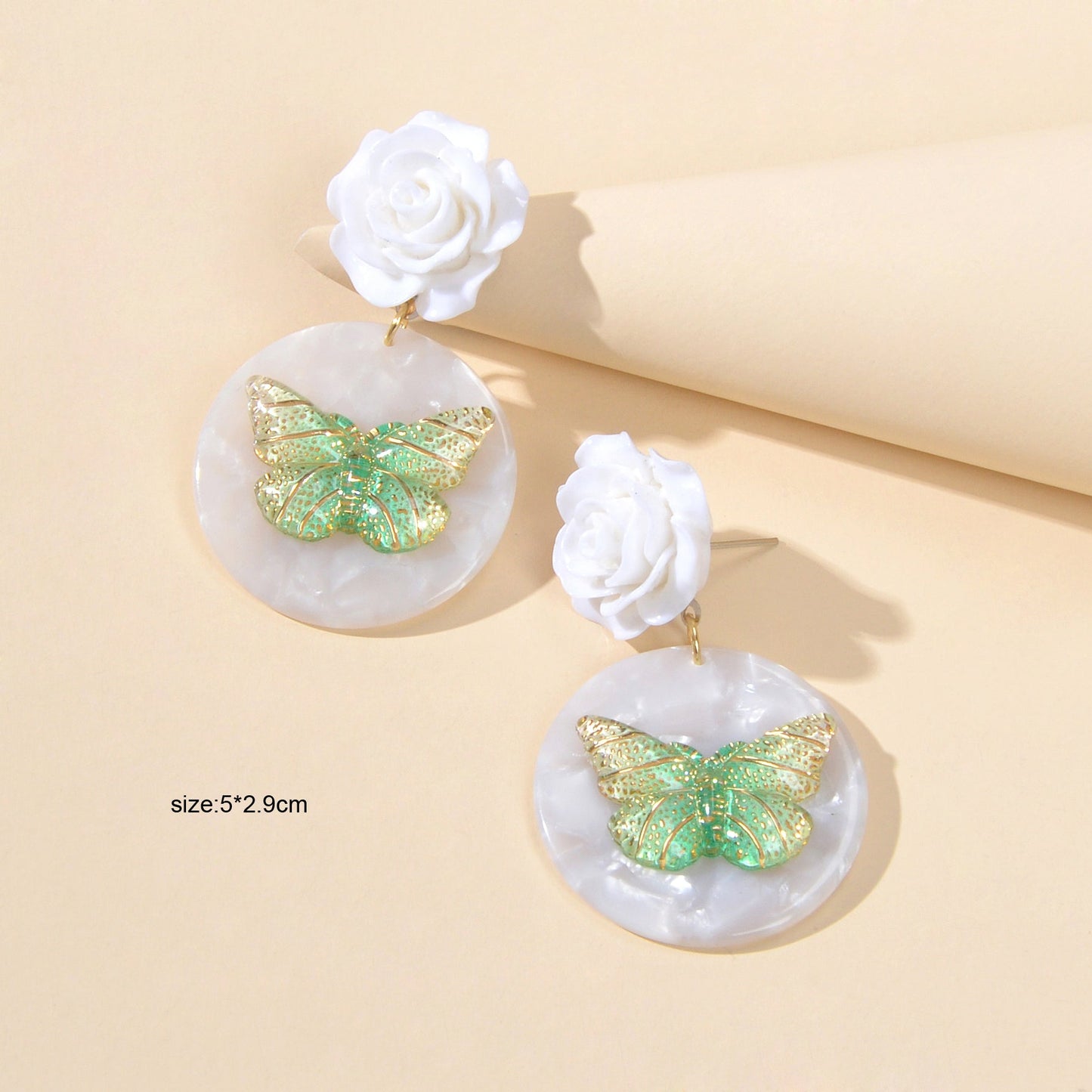 Designer Stylish Jewellery White Flower Green Butterfly Dangle Chunky Earrings-4